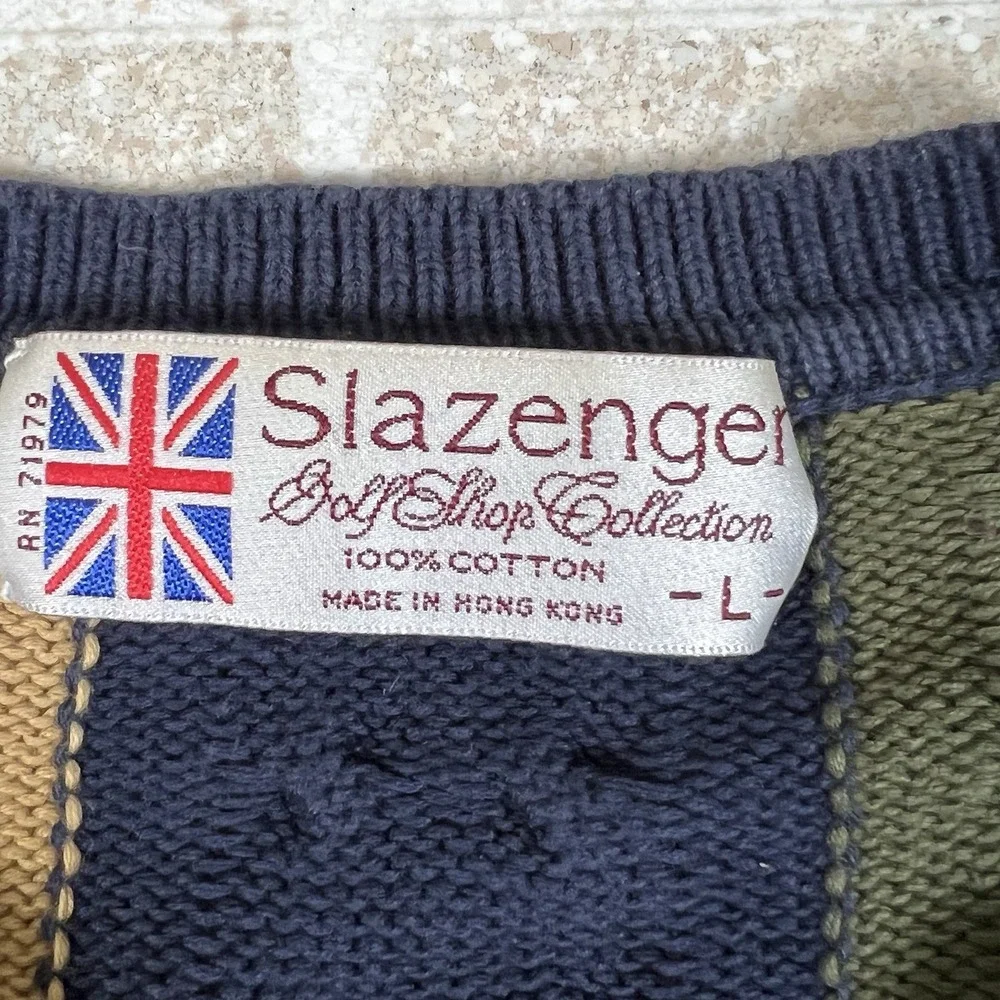 Vintage Sweater Slazenger Golf Size L 80s Color block Striped Cable Knit Cotton